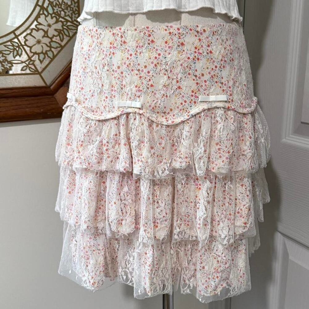 Goelia White Floral Lace & Multi Floral Ruffle Pleat Tiered Coquette Mini Skirt